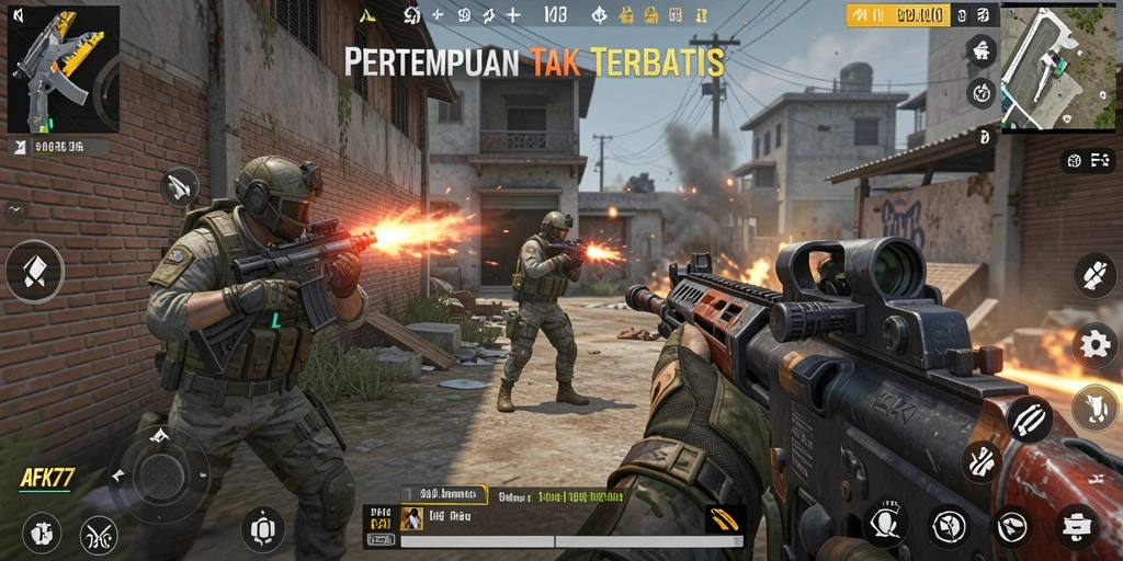 Screenshot yang menampilkan aksi mendebarkan dalam game FPS.