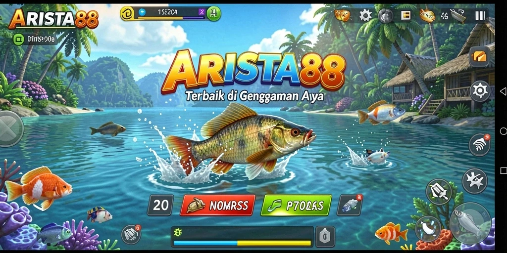 Tampilan gameplay ARISTA88 yang menyenangkan dan penuh warna saat memancing.