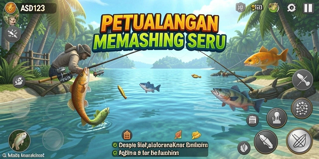 Tampilan utama gameplay ASD123 saat memancing di danau yang indah.