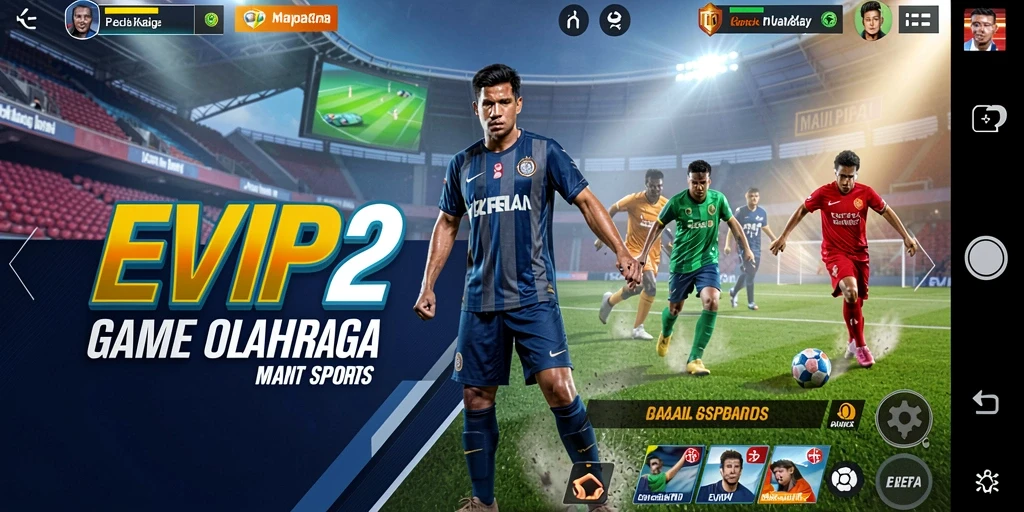 Screenshot utama EVIP2 menunjukkan aksi seru di lapangan olahraga.