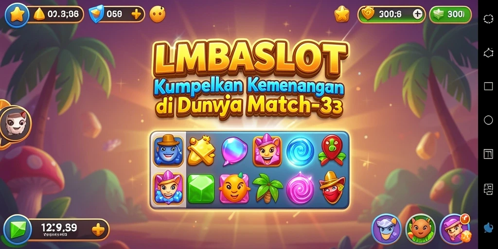 Tampilan gameplay seru dalam LMBASLOT dengan berbagai simbol match-3.