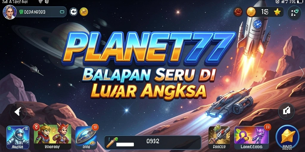 Gameplay PLANET77 menampilkan balapan luar angkasa dengan kendaraan futuristik.