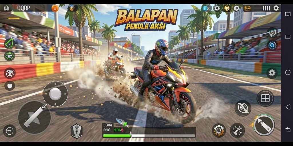 Tampilan gameplay balapan motor yang mendebarkan dalam QQRP.