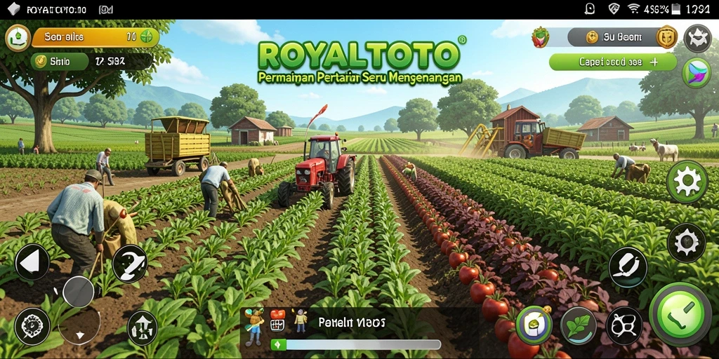 Tampilan gameplay <strong>ROYALTOTO</strong> yang menggambarkan kebun yang berwarna-warni dan penuh aktivitas.